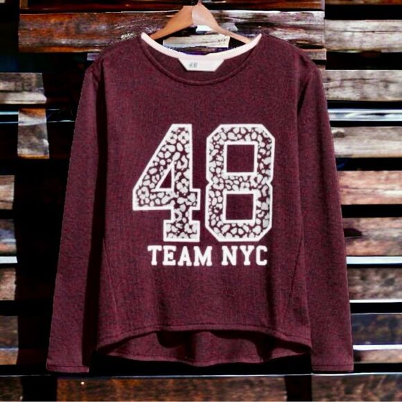 H&M Y2K Sweater Red Animal Print ‘Team NYC 48’ Semi Sheer Sparkling Size M EUC - Picture 14 of 16